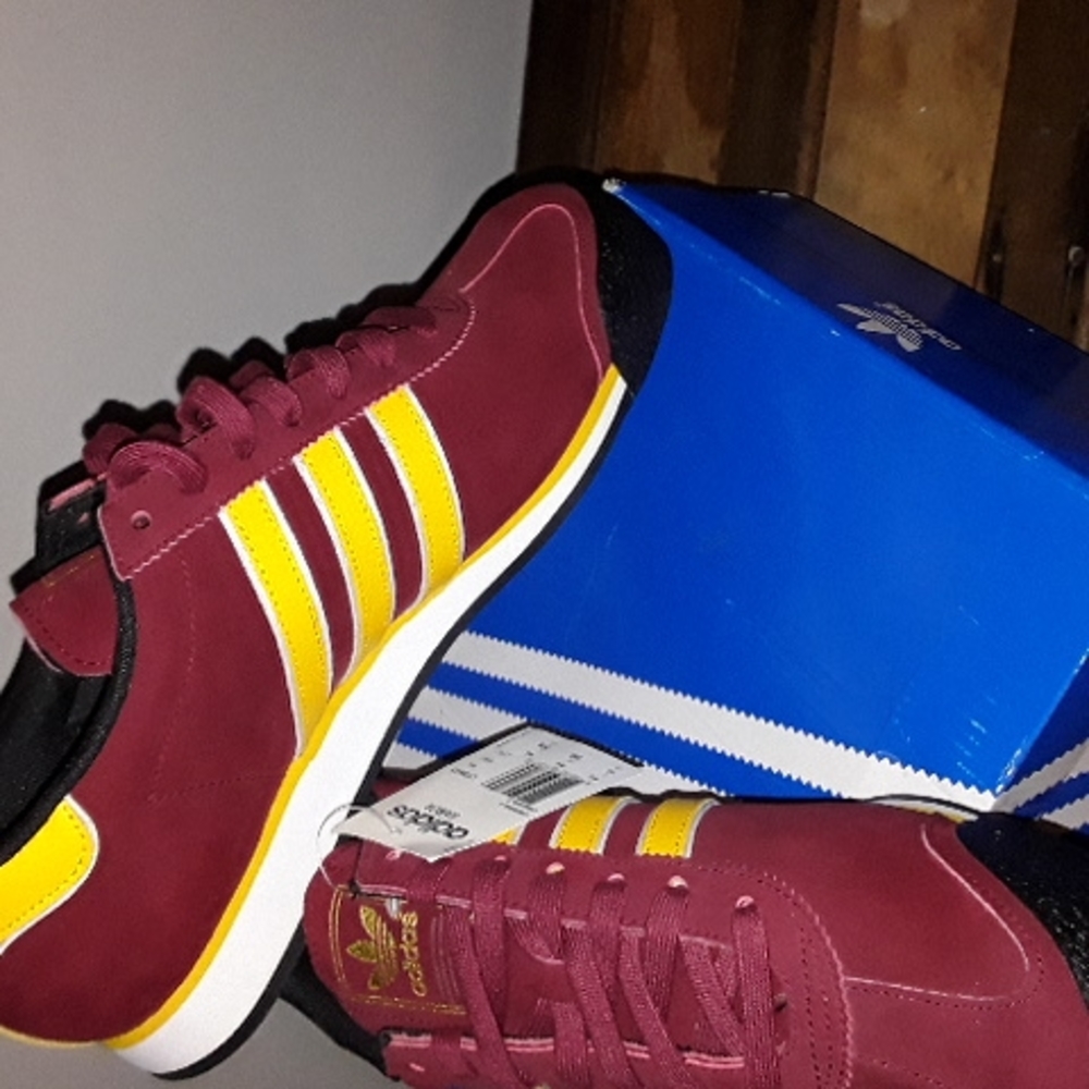 Men's burgundy and yellow Adidas Samoas